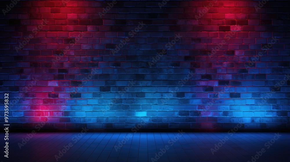 Poster a vibrant, illuminated brick wall with red and blue lighting, creating a dynamic backdrop for creati
