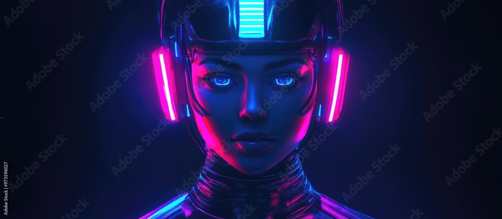 Poster portrait of a young cybernetic woman adorned in neon glowing armor featuring elements of cyberspace 