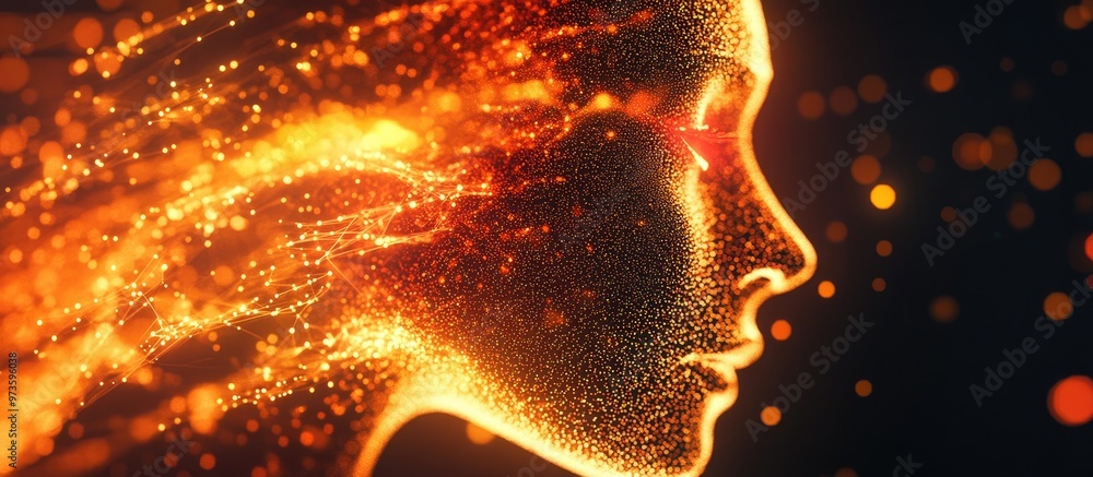 Poster close up of an abstract profile featuring a digital effect related to the concept of artificial inte