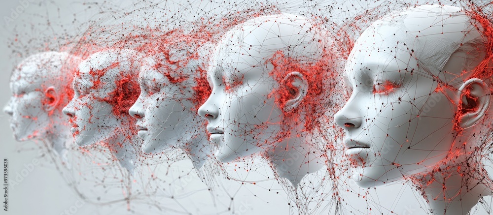 Poster collection of robotic female heads forming a digital sphere network connection in 3d rendering