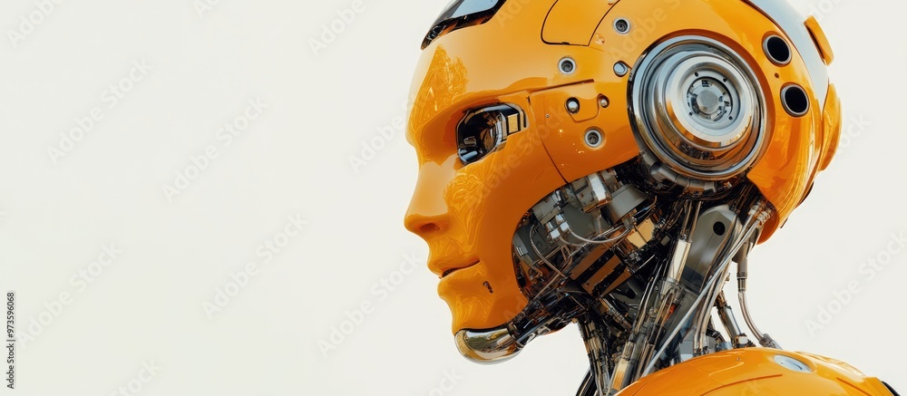 Aufkleber detailed view of a metallic orange ai robot set against a white background high quality 3d illustrat