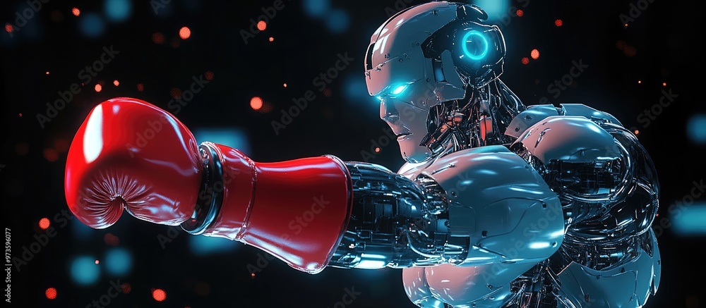 Poster muscular robot in red boxing gloves throwing a punch 3d rendering