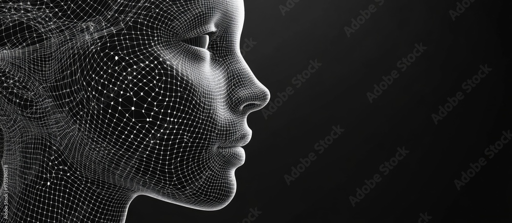 Poster high resolution 3d wireframe representation of a human female head on a black background symbolizing