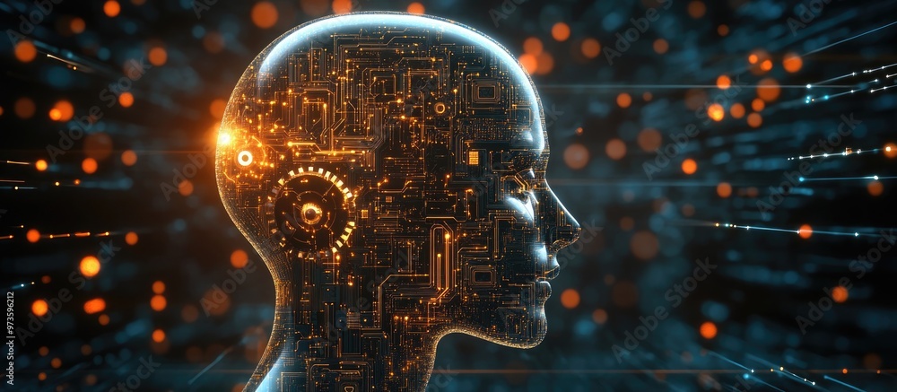 Poster a human head featuring intricate circuit patterns and gears symbolizing the concept of artificial in