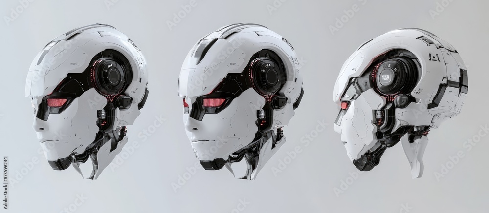 Poster futuristic robot head showcased from various angles isolated against a gray backdrop 3d rendering