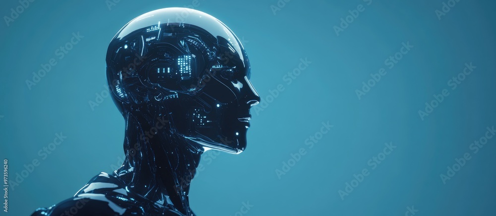 Poster blue holographic representation of a robot cyborg and artificial intelligence on a blue backdrop con
