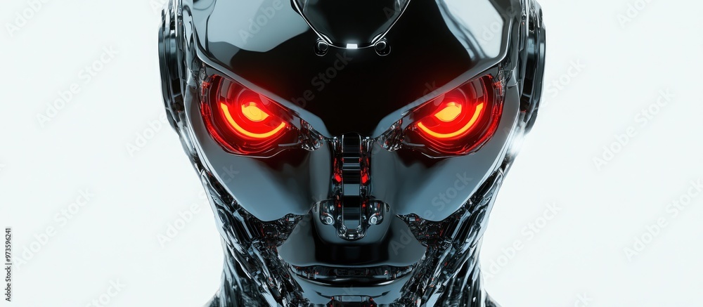 Poster cyborg head featuring glowing red eyes with a sleek dark metallic helmet depicts a robot with artifi