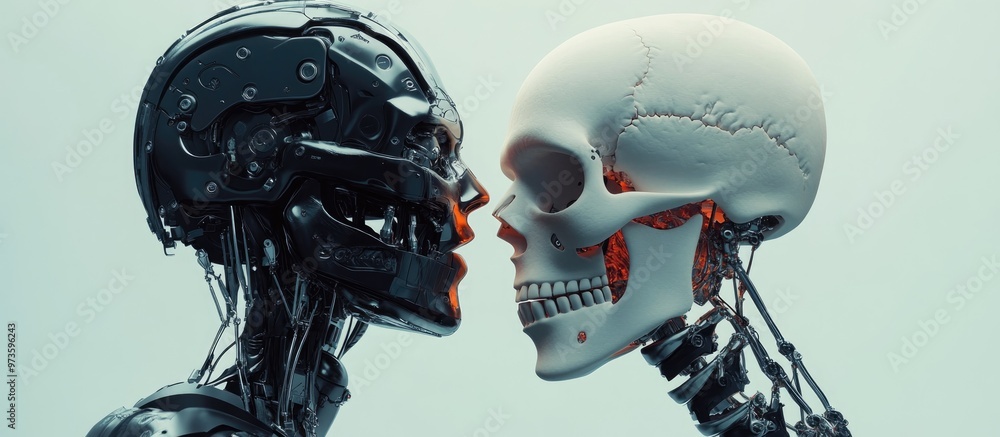 Poster 3d render of a robot and human skull representing the concept of artificial intelligence
