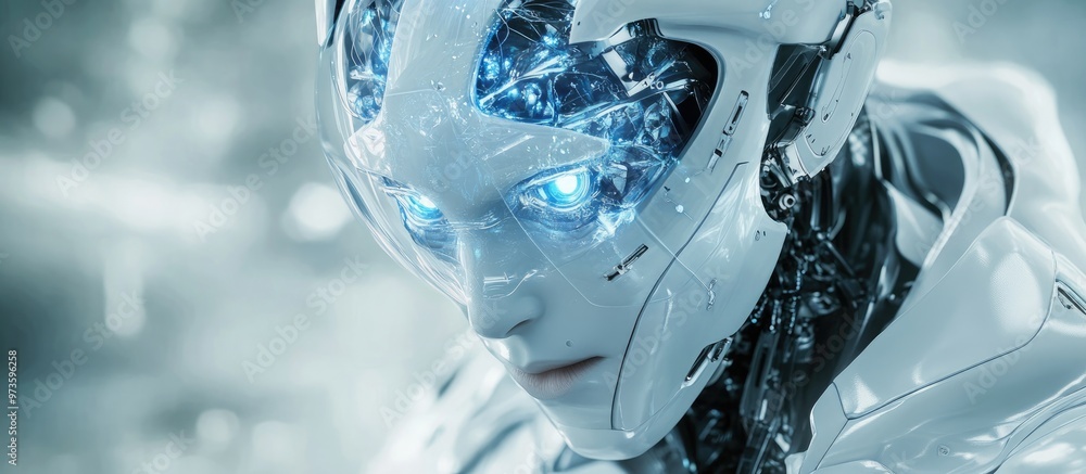 Poster a stunning ai robot represents a technological cosmic revolution quantum superposition illustrated t