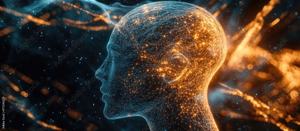 Aufkleber 3d rendering mind field series composition of a wire mesh human head model intertwined with fractal 