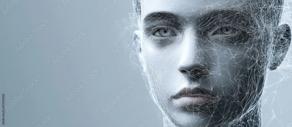 Poster 3d wireframe illustration of a young male face on a gray background representing concepts of technol