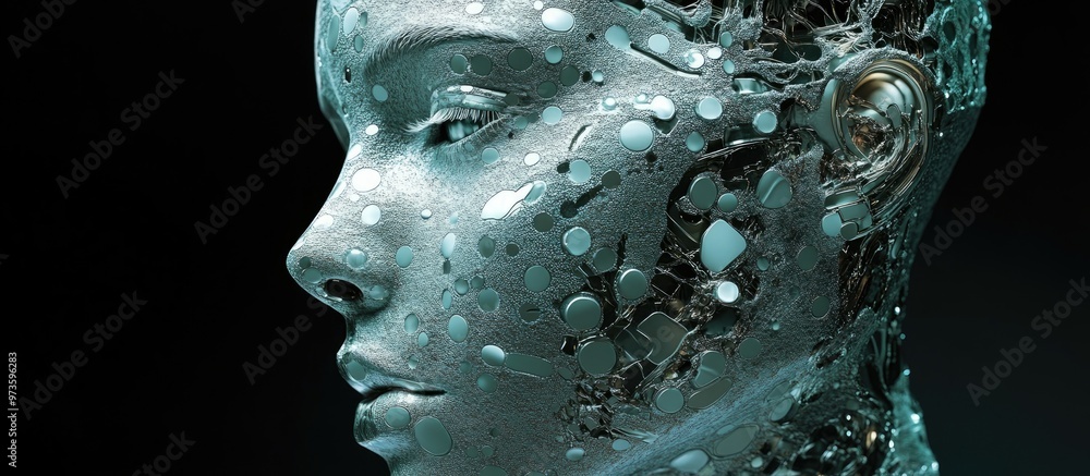 Poster female cyborg face featuring intricate pearl like artificial skin showcasing virtual reality and ai 