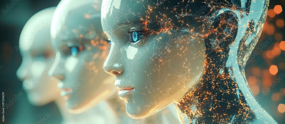 Poster cluster of female robot heads forming a digital sphere network connection in 3d visualization