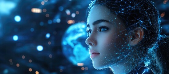 Futuristic female android overseeing a virtual globe in a modern sci fi environment with a blue backdrop