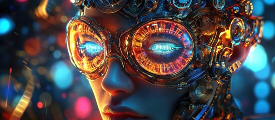 Fototapeta premium Abstract portrait of a futuristic steampunk character featuring intricate designs and vibrant colors in a 3D illustration