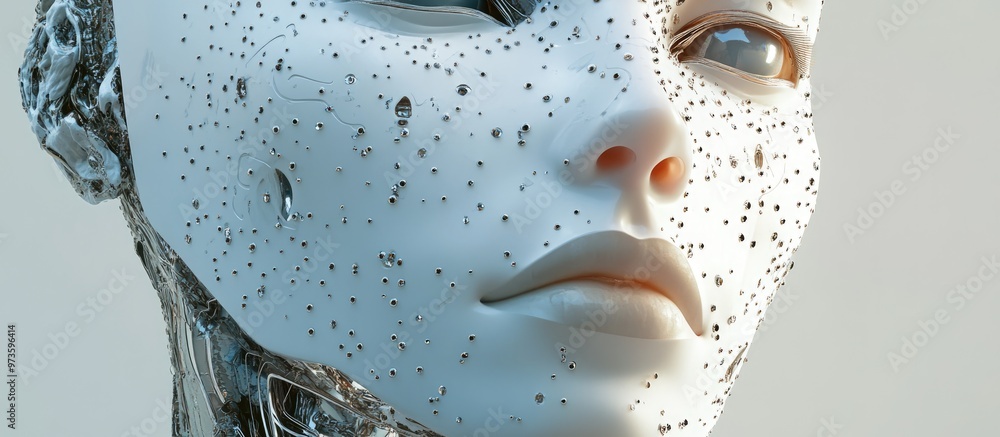 Poster female cyborg face featuring intricate pearl like artificial skin showcasing virtual reality and ai 