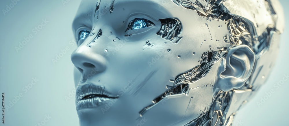 Poster cyborg face design illustrating the concept of artificial intelligence created through 3d rendering 