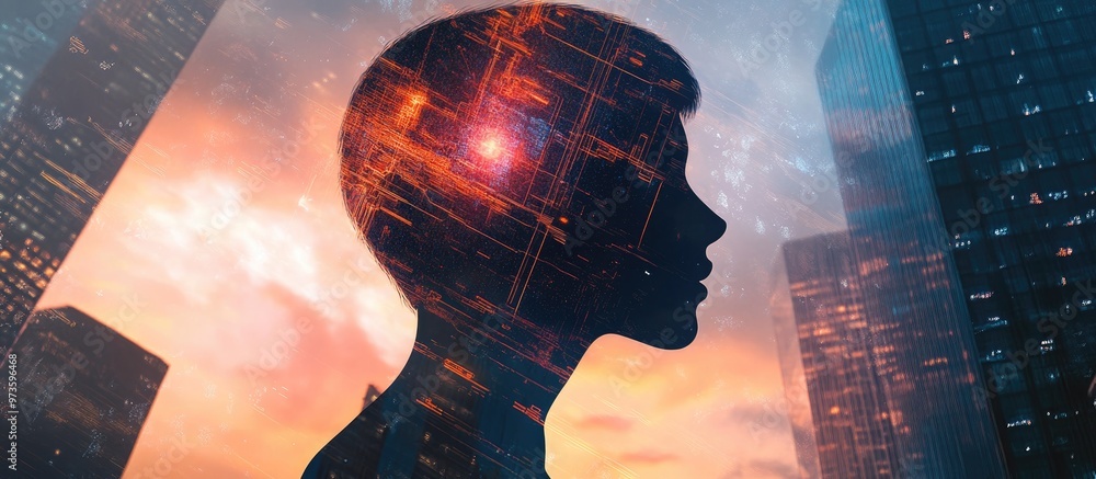 Poster double exposure featuring a creative artificial intelligence hologram against a backdrop of contempo