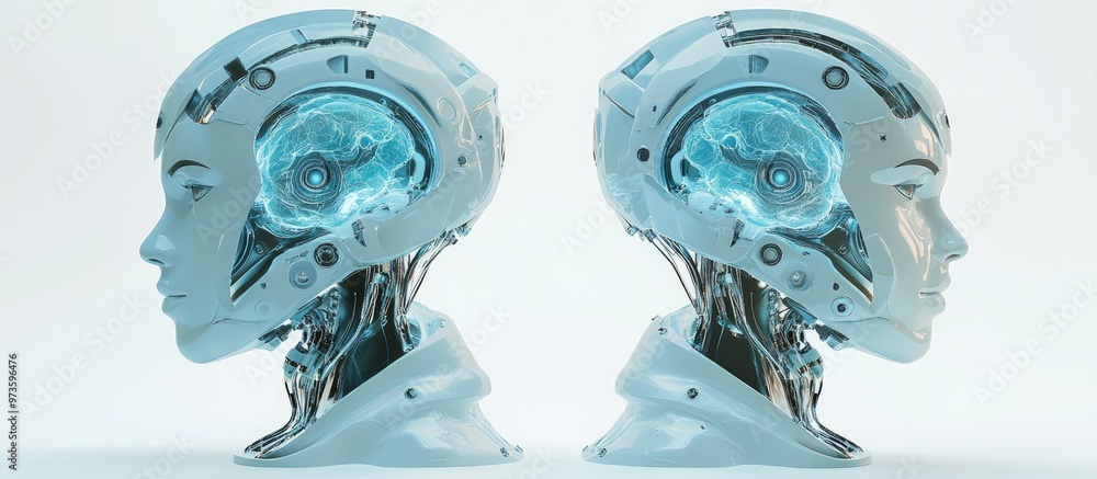Poster two ai robot heads with light blue digital artificial intelligence brains rendered in 3d isolated on