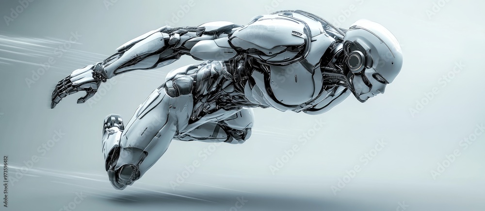 Poster a side view 3d illustration of a super cyborg soaring swiftly through the air