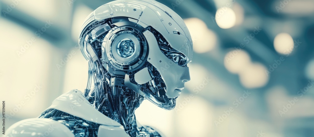 Poster 3d render of a robotic cyborg with a blurred backdrop showcasing advancements in technology and robo