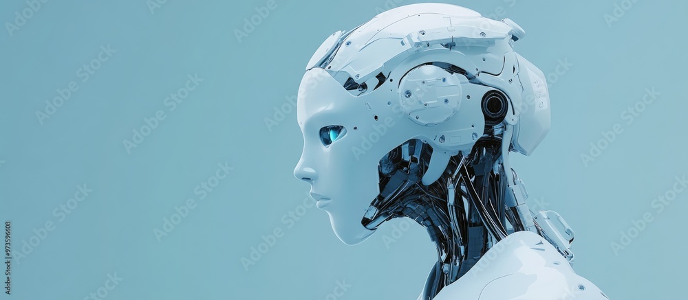 Poster futuristic metallic humanoid cyborg with a white face mask viewed from the side isolated on a color 