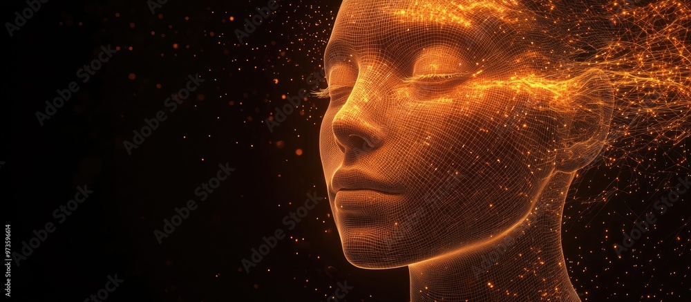 Poster high resolution 3d wireframe representation of a female head on a black background symbolizing techn