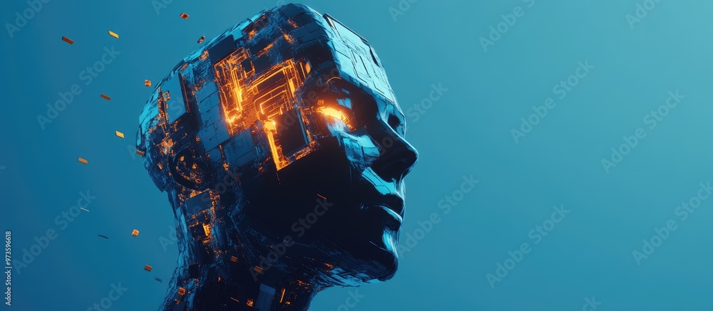 Aufkleber abstract cube shaped head on a blue background representing concepts of artificial intelligence inno