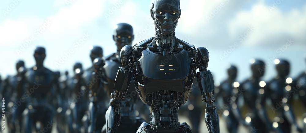 Poster group of male robots trailing a leading cyborg in a futuristic army concept showcased through 3d ren