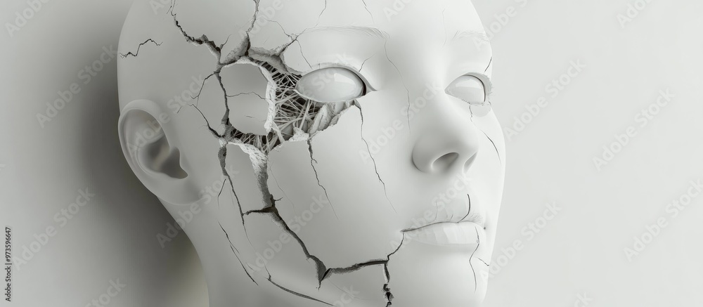 Poster abstract white robot head featuring cracks rendered in 3d isolated on a white background