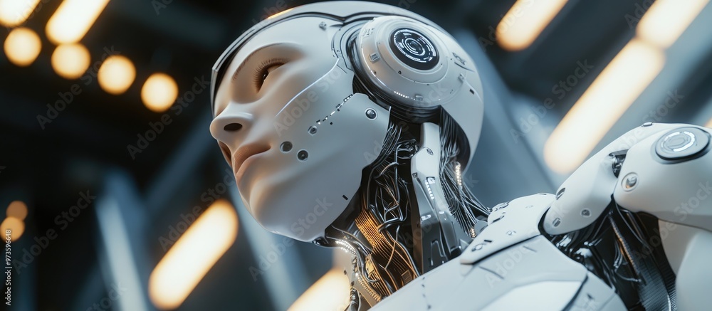 Poster humanoid robot features an artificial intelligence interface with a machine head connected to a supe