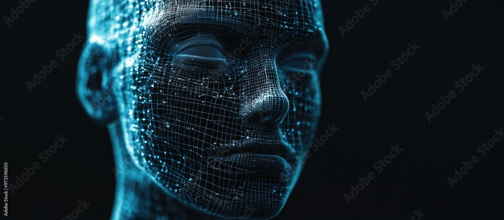 Poster 3d model of a human head within a geometric grid face scanning representation geometric skin coverag