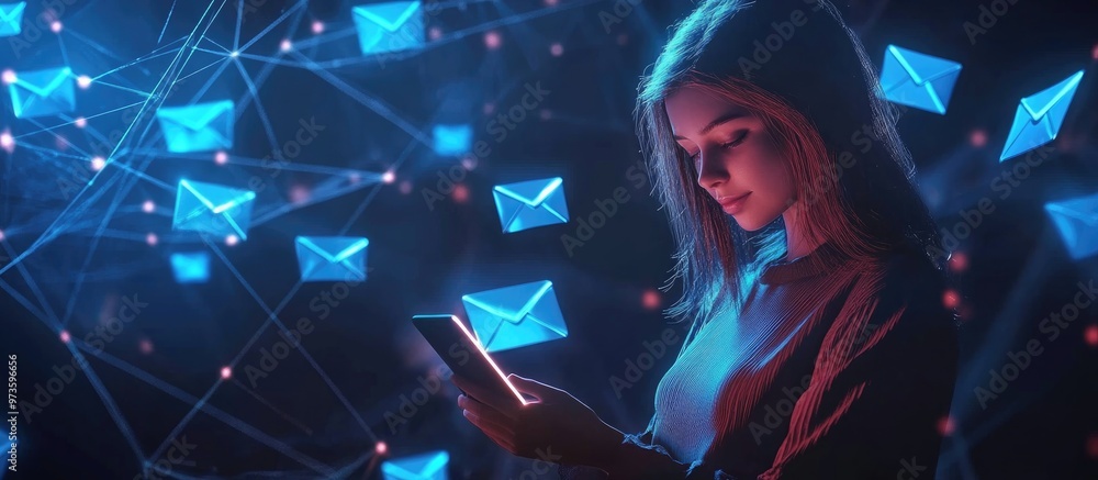 Poster email spam concept with a businesswoman using a smartphone sending emails through advanced virtual s