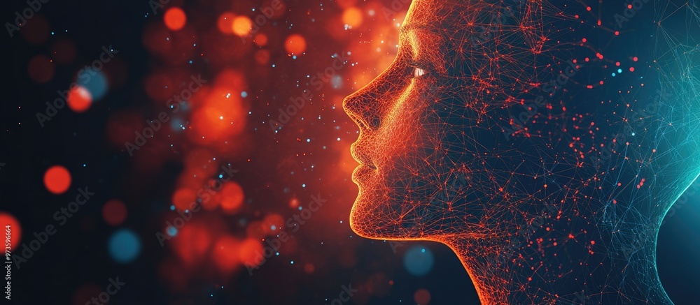 Poster abstract polygonal technology background featuring a 3d wireframe head enhanced with blurred and len