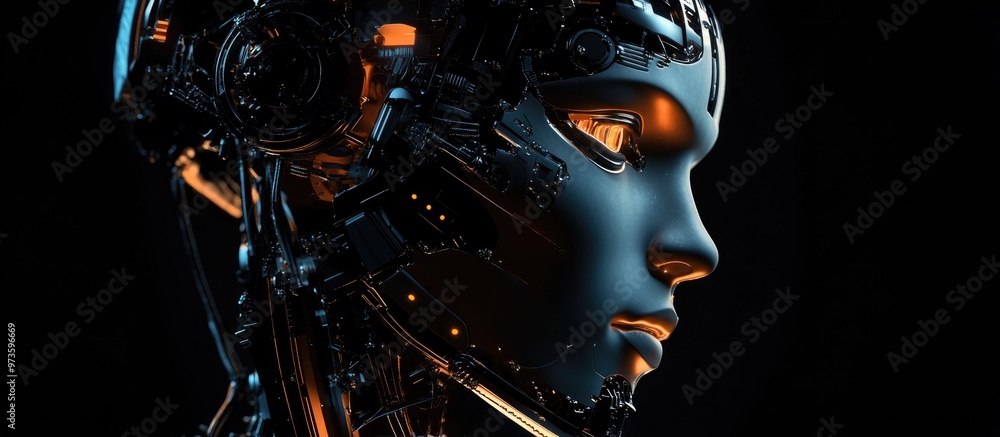 Poster close up portrait of a robot head or cyborg face featuring a conceptual design isolated against a bl
