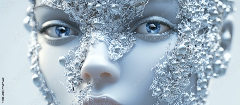 Poster female cyborg face featuring intricate pearl like synthetic skin designed for virtual reality and ar