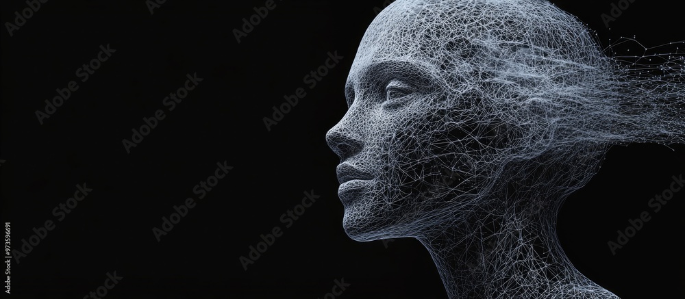Aufkleber 3d wireframe representation of a female head asking questions set against a black background symboli