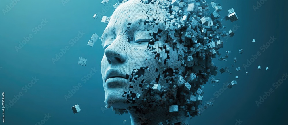 Aufkleber abstract cube shaped head on a blue background representing concepts of artificial intelligence inno
