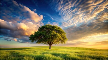 Obraz premium Scenic landscape with a solitary tree , nature, outdoors, tranquil, serene, countryside, scenic, beauty, environment, greenery