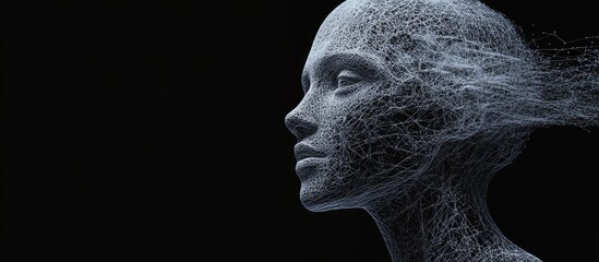 3D wireframe representation of a female head asking questions set against a black background symbolizing technology cyborgs digital avatars and abstract concepts of the future