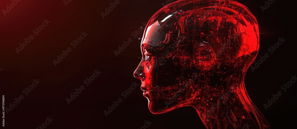 Poster futuristic red cyborg head in profile view against a dark background features a semi transparent fac