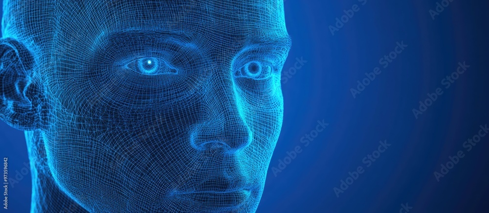 Poster 3d wireframe representation of a young male face on a blue background symbolizing technology cyborgs