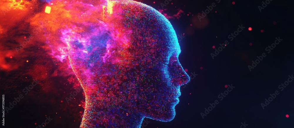 Poster concept of artificial intelligence and virtual reality featuring a 3d human head composed of pixels 