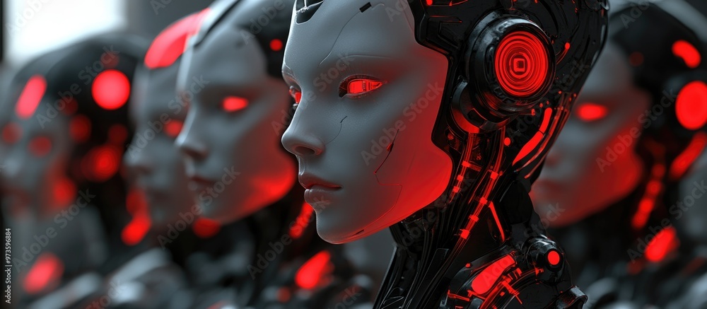 Poster close up of female robot heads grouped together showcasing a cyborg army concept in 3d rendering