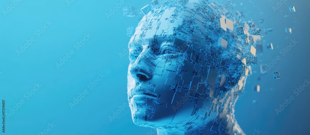 Aufkleber abstract cube shaped head on a blue background representing concepts of artificial intelligence inno