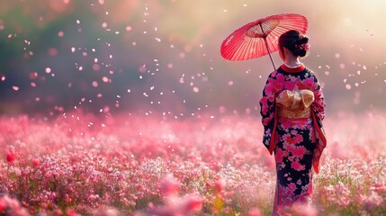 A Japanese girl in a vibrant kimono, standing in a field of blooming cherry blossoms, with petals falling around her