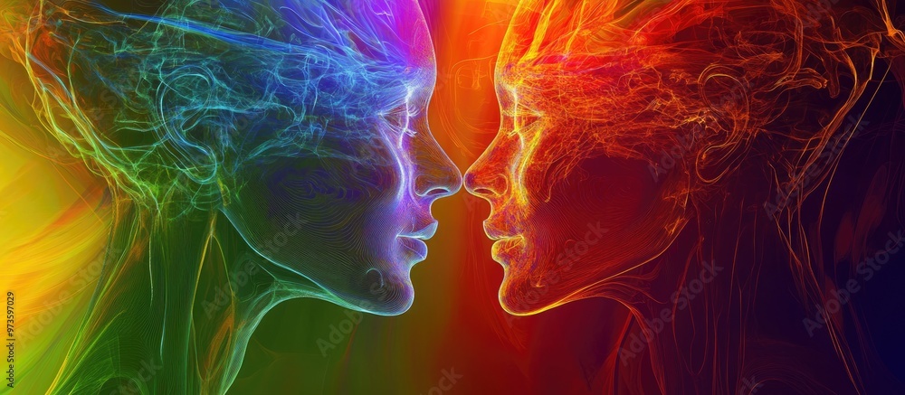 Poster colorful artistic representation of intelligent artificial concepts featuring a rainbow spectrum bac