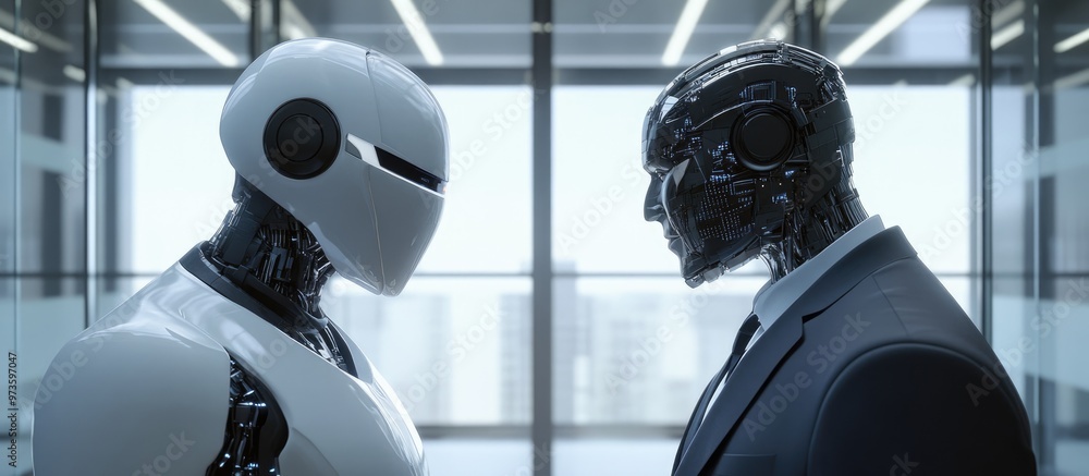 Poster robot businessman facing off in an office setting illustrating a technology confrontation concept th