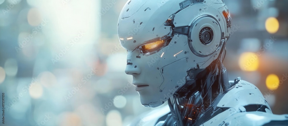 Poster cyborg against a blurred backdrop generating a 3d rendering of artificial intelligence
