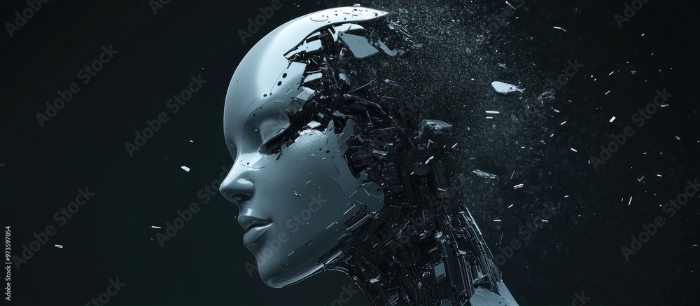 Aufkleber 3d rendering of a female robot s head in the process of disintegration against a dark background